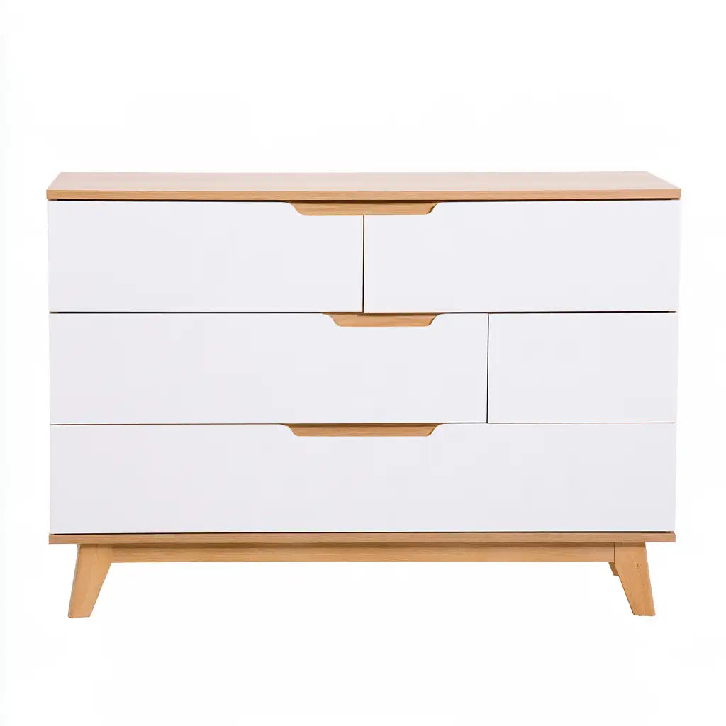 Credenza dal profilo contemporaneo, bianco e marrone, per la casa