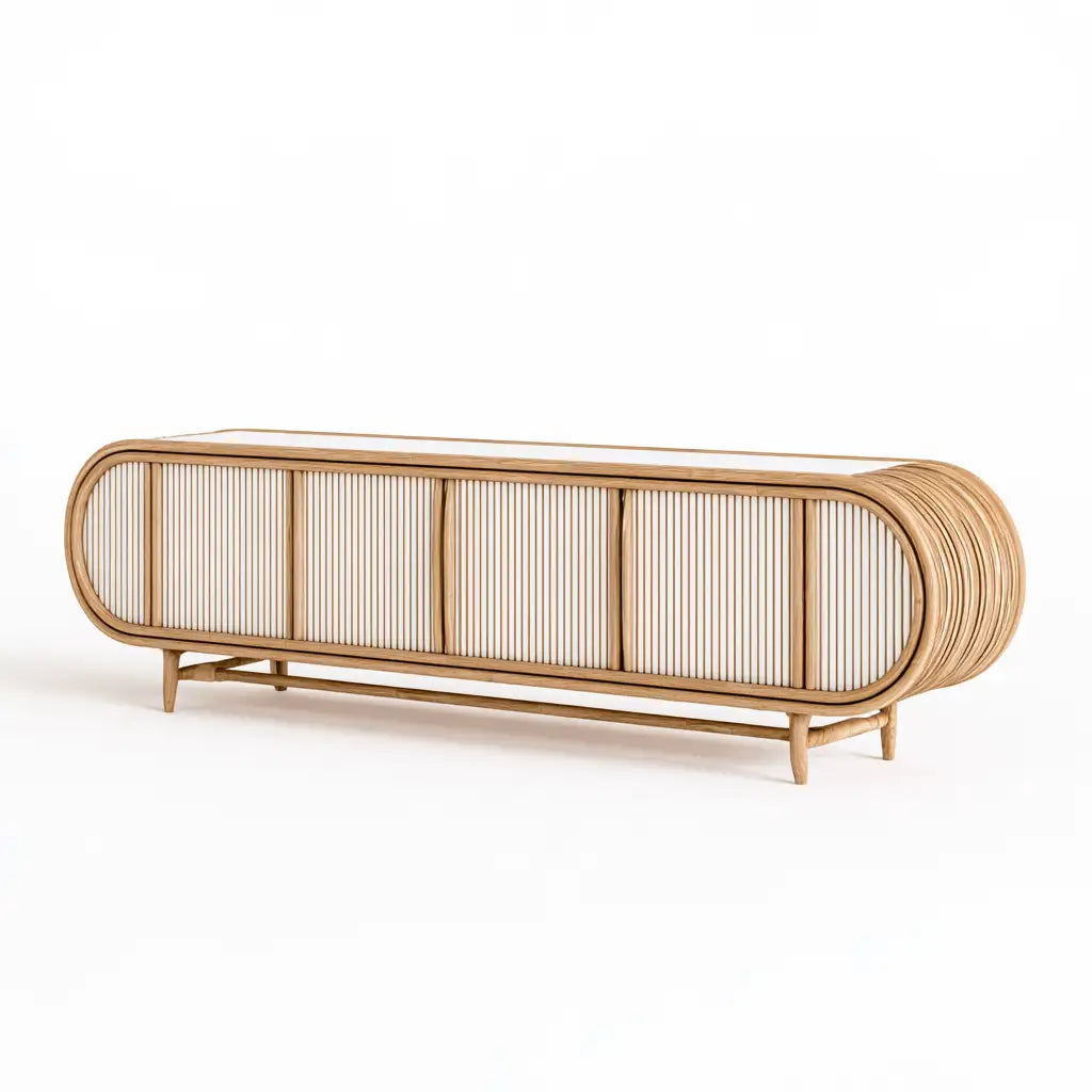 Credenza dal profilo contemporaneo, bianco e marrone, per la casa