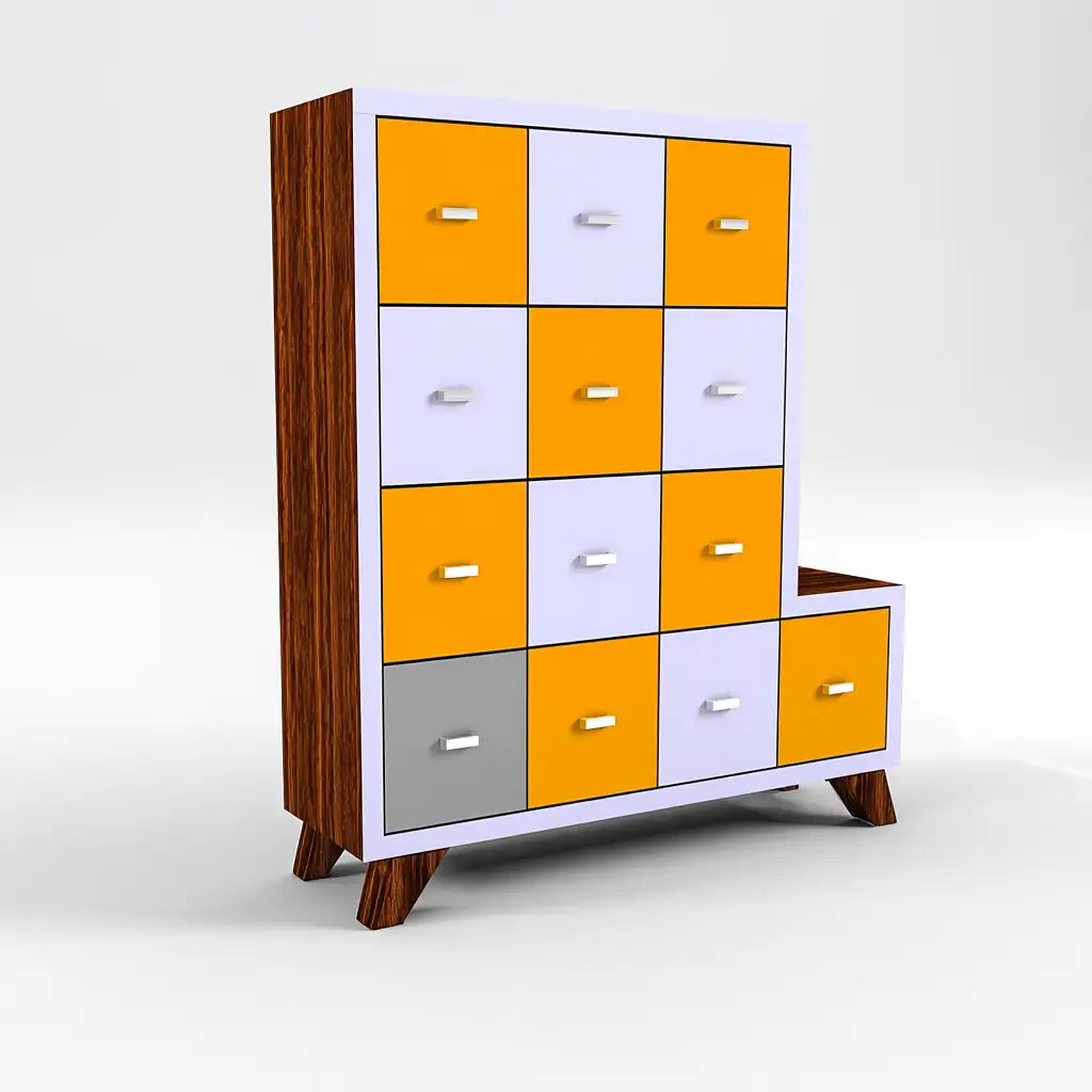 Mobile contenitore dal design essenziale, bianco e arancione, per la casa