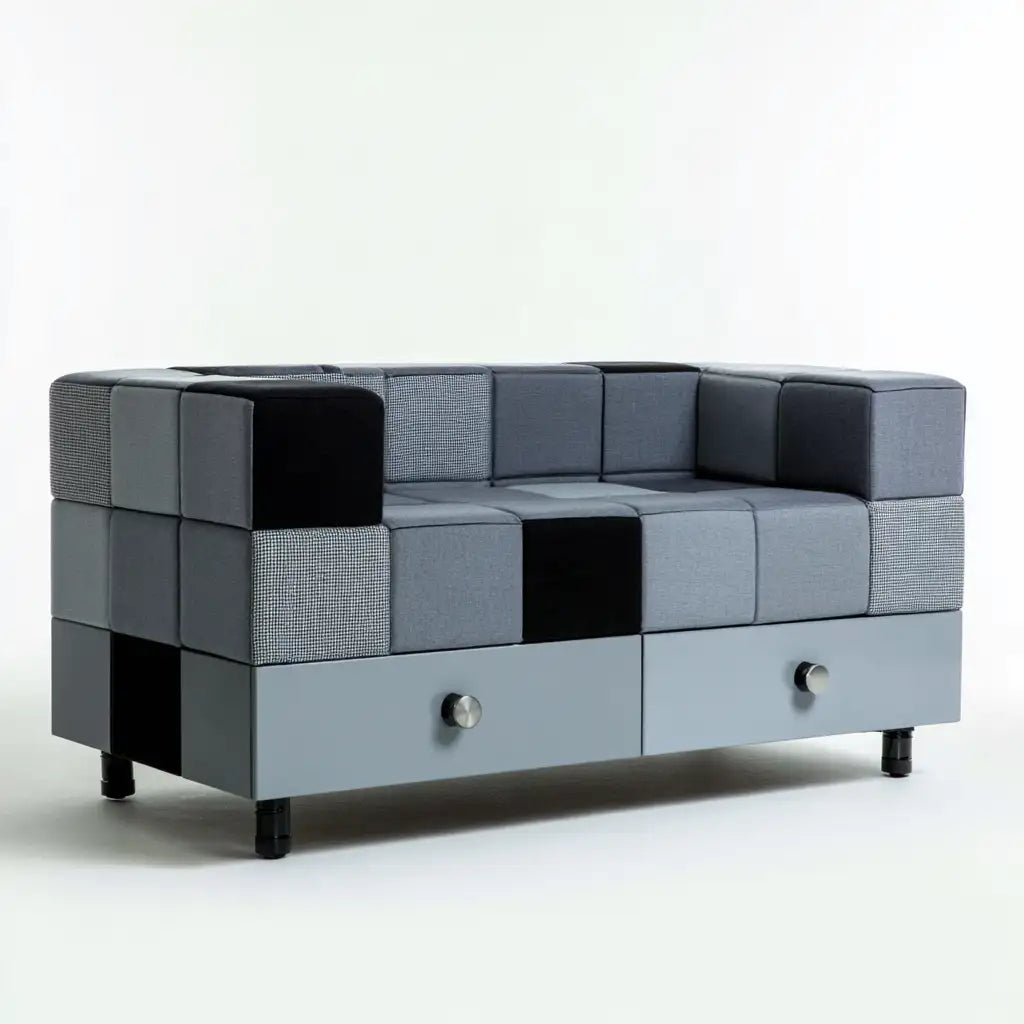 Credenza dalla forma compatta, grigio e azzurro, per la casa