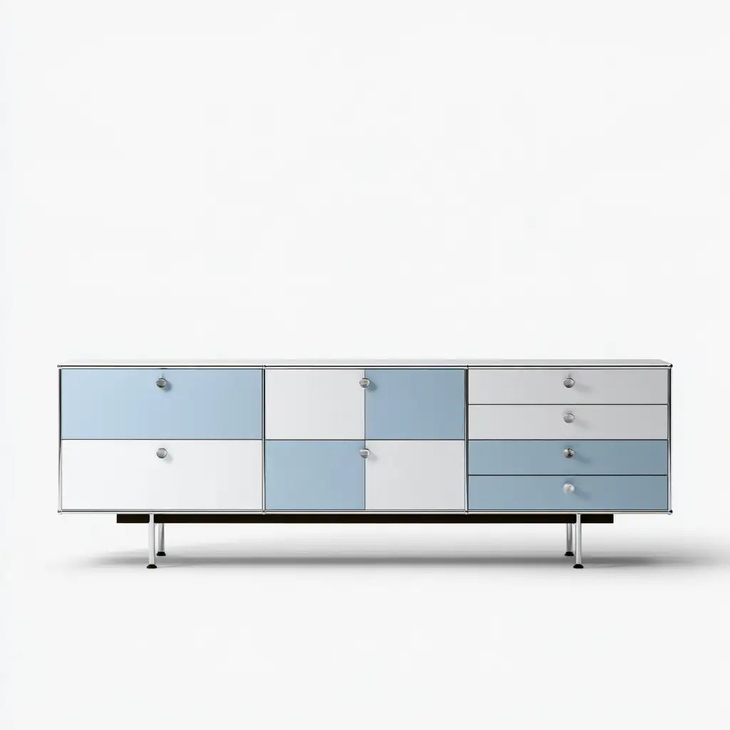 Credenza dalle linee moderne, grigio e azzurro, per la casa