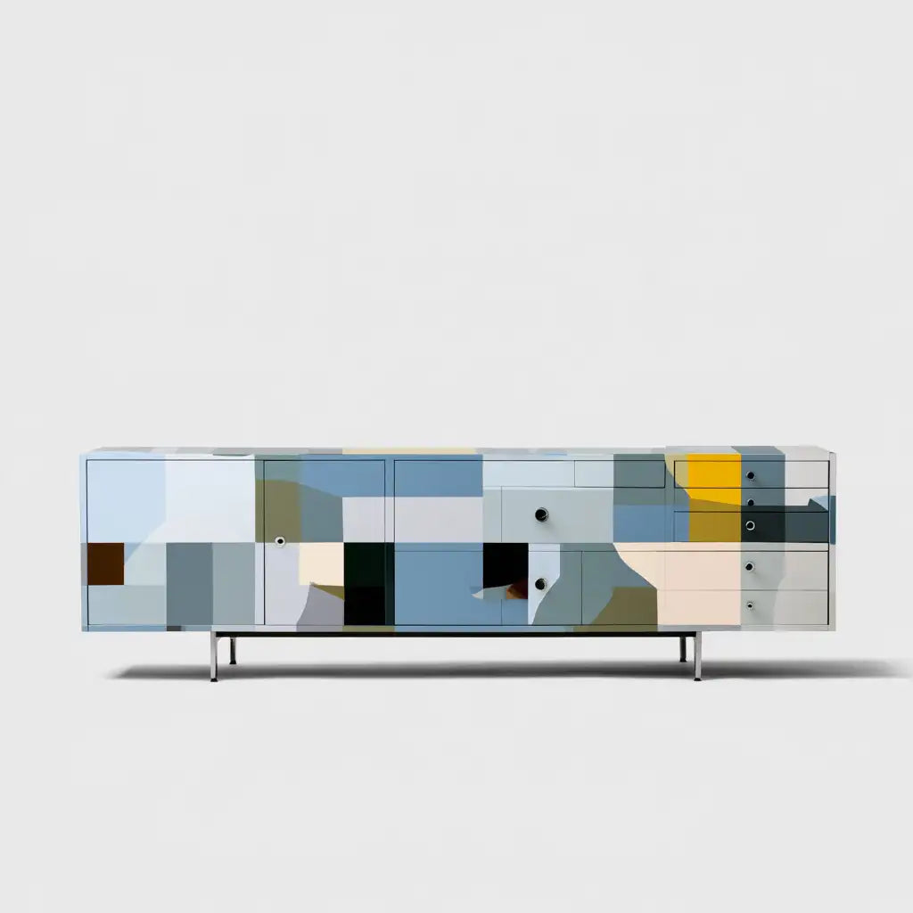 Credenza dal profilo contemporaneo, grigio e azzurro, per la casa